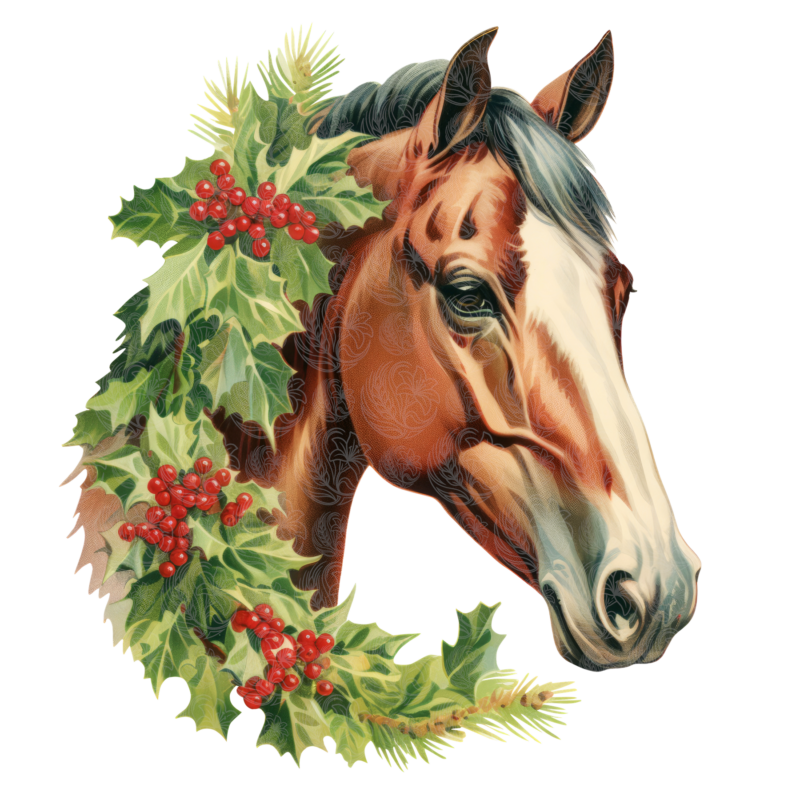 Christmas horse wreath with holly berries and pine in vintage farmhouse style, Grey Barn Handwerk, Saskatchewan.